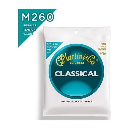 MartinGuitar M260 80/20 Bronze Plain-End Regular Tension Nylon Classic Guitar Strings, Ball-end