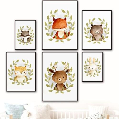 Cute Fox Bear Rabbit Deer Owl Leaf Animals Nordic Posters And Prints Wall Art Canvas Painting Wall Pictures For Kids Room Decor