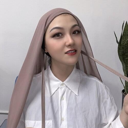 Muslim Women Bonnet with Rope Chiffon Shawl convenient Elastic Bandaged Underscarf Cap Islam Inner Hijab Cover Headwrap