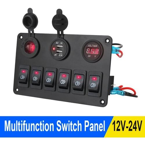 Car Marine Circuit Breaker 6 Gang Rocker Switch Panel ON/OFF USB Port LED Digital Voltmeter DC 12V/24V For Car RV Truck ATV UTV