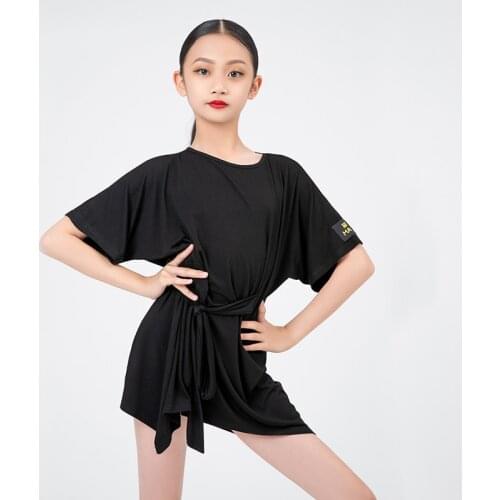 New Latin Dance Dress Girls Black Loose Practice Dress Bat-Sleeves Samba Rumba Dancewear Kids Summer Latin Dance Costume BL5887