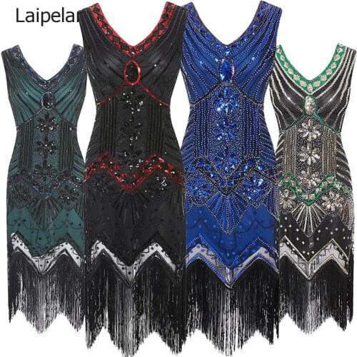 Retro Style Sequin Beaded Dress Front And Rear Deep V-neck Fashion Tassel Formal Dress Sexy Sleeveless Formal Dress XS-4XL