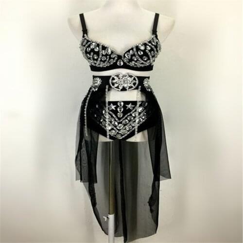 S12 Ballroom dance costumes sexy Rhinestone bikini outfit women dj disco dresses bar bikini bra stage show clothe femal party