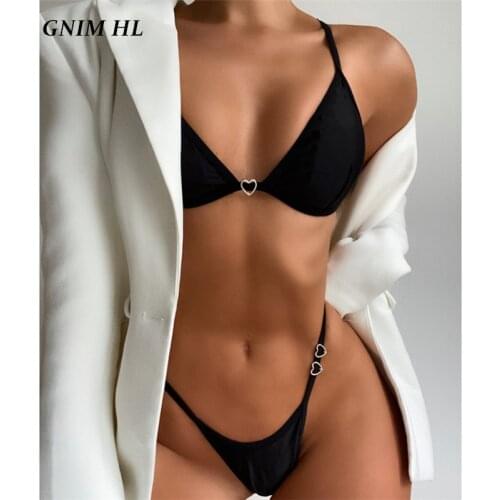 GNIM Sexy Triangle Swimwear Women 2 Pieces Thong BIkini Set 2021 Black Micro Swimsuit Female High Cut Backless Swim Bathing Suit