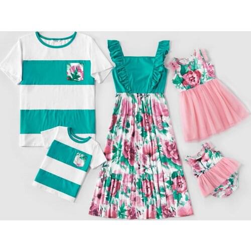 PatPat Mosaic Family Matching Floral Flutter-sleeve Tank Mesh Dresses Color Block Tops for Dad-Mom-Boy-Girl-Baby