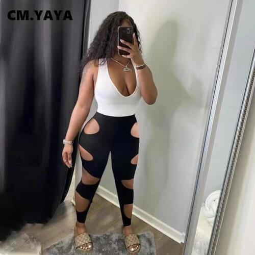 CM.YAYA Knit Streetwear Womens Set Cut Out Legging Suit Sleeveless Tank Tops Matching 2 Two Piece Set Tracksuit Outfits