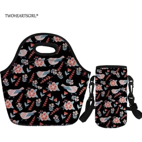 Twoheartsgirl Flowers Bird Printed Picnic Lunch Bag Neoprene Food Lunchbag Box Thermal Insulated Pouch for Women Bottle Cover