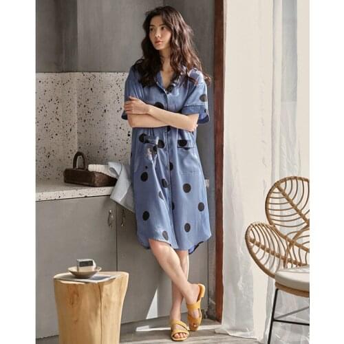 Womens Sexy Nightgown Loose Short Sleeve Sleepwear Summer Ice Silk Nightdress Polka Dot Loungewear With Pocket Simplicity Gown