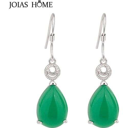 JoiasHome Green Agate Earrings for Women Vintage Silver 925 Jewelry Female Water Drop Shaped Gemstones Drop Earrings Anniversary