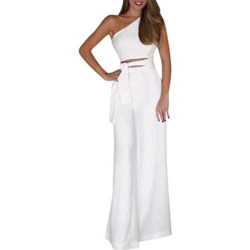 Elegant Summer Jumpsuits Women Solid One Shouder Rompers Sleeveless Strapless Bandage Jumpsuit Long Wide Leg Trouser Monos Mujer