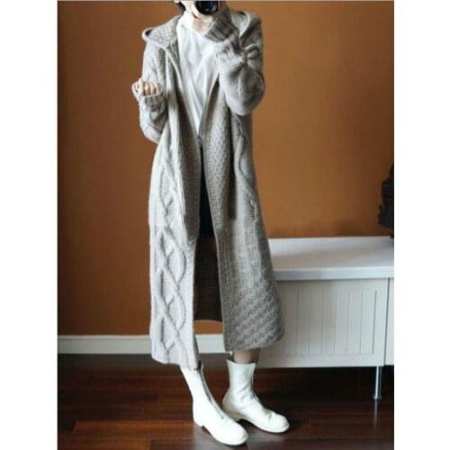 European station autumn and winter womens cap thickened cardigan long coat sweater coat brand new