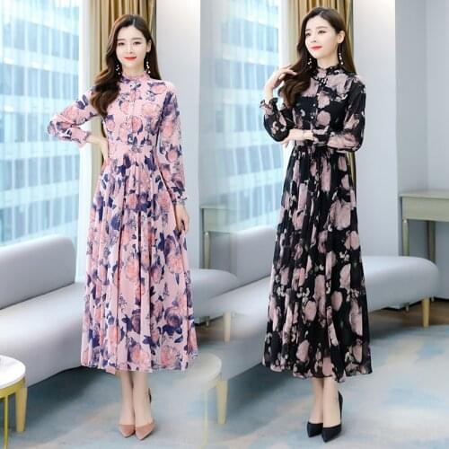 Women Maxi Floral Chiffon Dress Summer 2021 Boho Retro Elegant Casual Party Vacation Fairy Runway Long Sleeve Vestido Korean New