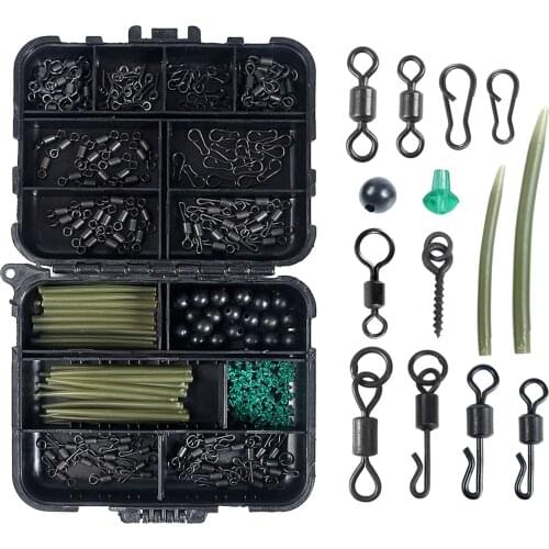 300pcs Carp Fishing Tackles set, Assorted Rolling Swivels, Rigs Swivel Clips Hooks, Sleeves Stoppers, Stop Beads Accessories