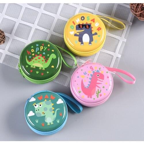 4PC Portable Round Dinosaur Coin Purse Wallet with zipper Headphone/Candy Holder Cute Metal Candy Container Party/Wedding Gifts