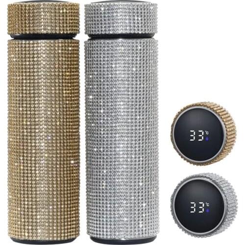 480ML Bling Diamond Thermos Bottle Stainless Steel Water Bottle for Girl Temperature Display Vacuum Flask Coffee Mug Adult Gift