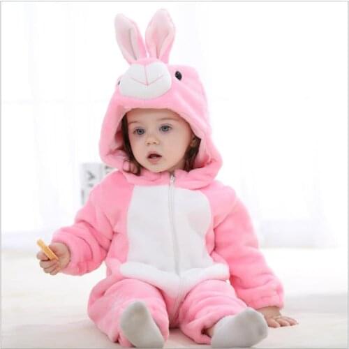0-3Y Newborn Baby Hooded Plush Jumpsuit Cartoon Animal Casual Long Sleeve Zipper Romper Cute Autumn Winter Warm Long Rompers