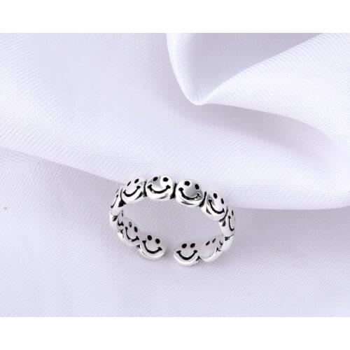 Vintage Ancient Silver Color face ring Happy Smiling Face Open Rings for Women Punk Hip Hop Adjustable Ring Fashion Jewelry Gift