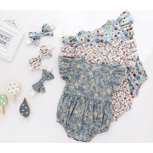 Newborn Baby Girls Jumpsuits Headband 2pcs Flowers Print Ruffles Short Sleeve Princess Bodysuits