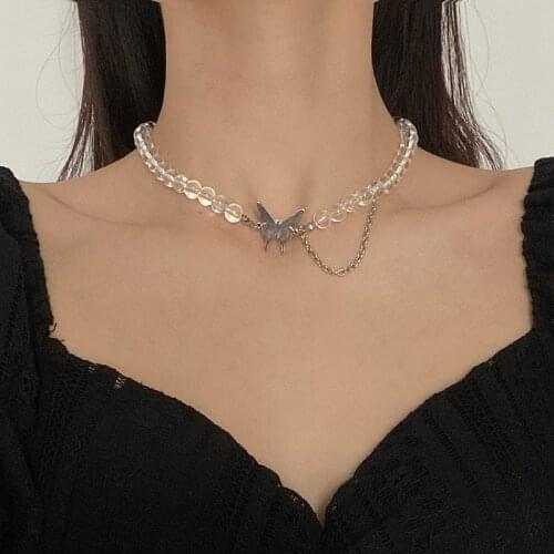 Korea Simple Transparent Round Bead Necklace For Women Personality Trendy Metal Butterfly Choker Collarbone Chain Jewelry Charms