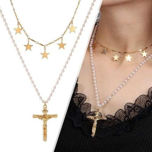 New Shiny Star Choker Necklace Cross Pendant Beads Chain Double Layered Simulated Pearl Necklaces Set For Women Jewelry