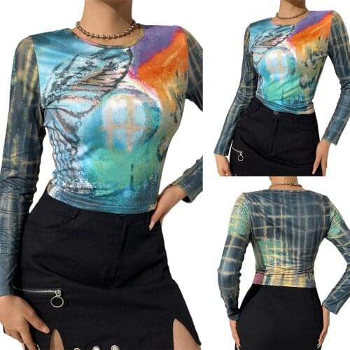 2021 New Arrival Stylish Women Color Block T-shirt, Adults Autumn Printed Long Sleeve Round Neck Crop Tops