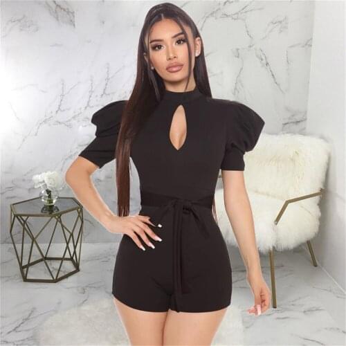 NOXNEX Womens Sexy Summer Hollow Short Jumpsuit Party Evening Solid Sexy Hollow Bodycon Short Puff Sleeve Shorts With Belt