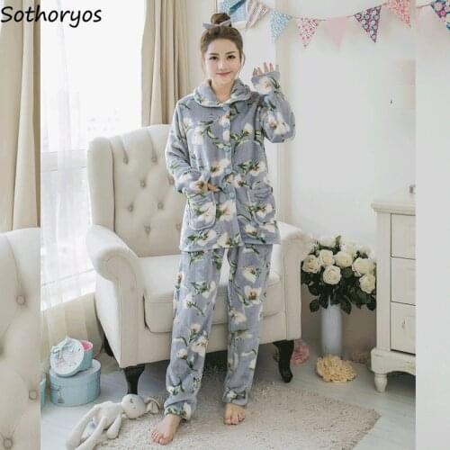 Pajama Sets Women Turn-down Collar Autumn Winter New Fashion Womens Pajamas Korean Style Females Home Clothes Loose Ulzzang Chic