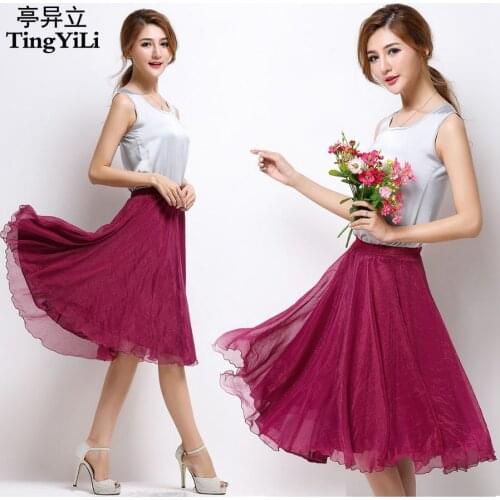 TingYiLi High Elastic Waist Pleated A Line Midi Skirt Adult Tulle Skirts Womens Summer Style Black White Pink Red Grey Purple