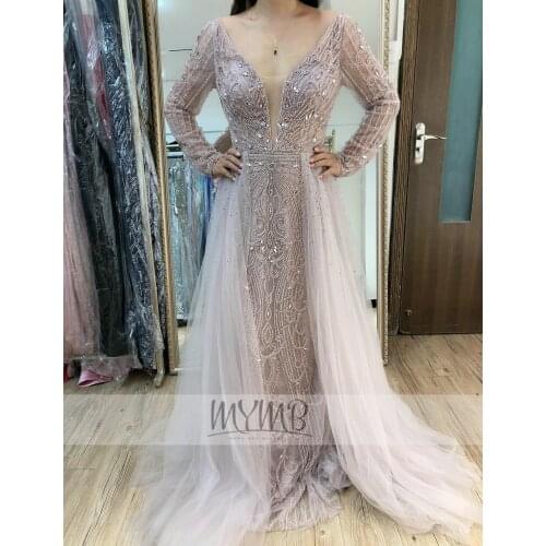 Stunning Dubai Luxury Muslim Evening Wear Plunging Neck Long Sleeve Crystal Beads Apron Skirt Evening Formal Dresses Large Sizes