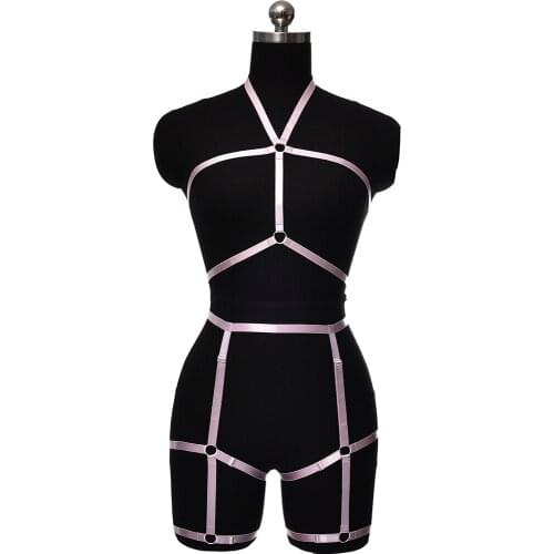 Sexy Body Harness Strap Bandage High Waist Garter Crop Top Open Chest Lingerie Cage Pole Dance Wear Halloween Elastic Set