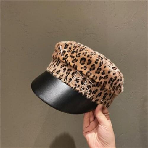 Fashion Vintage Leopard Octagonal Hats for Women Winter Elegant Ladies PU Leather Print Beret шапка женская 2020 Streetwear