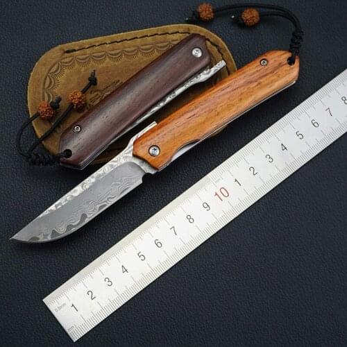 Folding Knife Damascus Steel Sandalwood Handle Outdoor EDC Portable High Hardness Knife