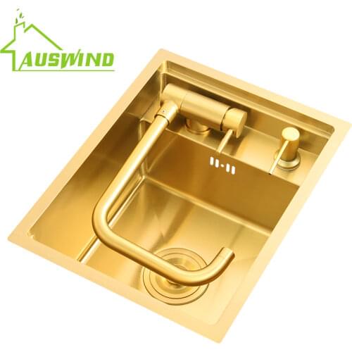 Hidden Brushed Gold Kitchen Sink Single Bowl Bar Small Size Sink Stainless Steel Balcony Sink Concealed Kitchen Sink 35x45 30x45