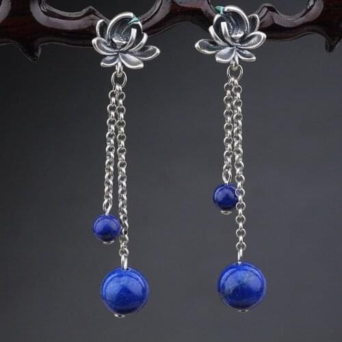BOCAI New Retro ethnic style Real s925 sterling silver jewelry lapis lazuli lotus tassel women earrings