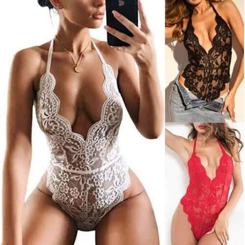 Women Teddies Bodysuits Erotic Underwear Lace Deep V Floral Backless Babydoll Sexy Lingerie Set Porn Halter Sleepwear For Adult