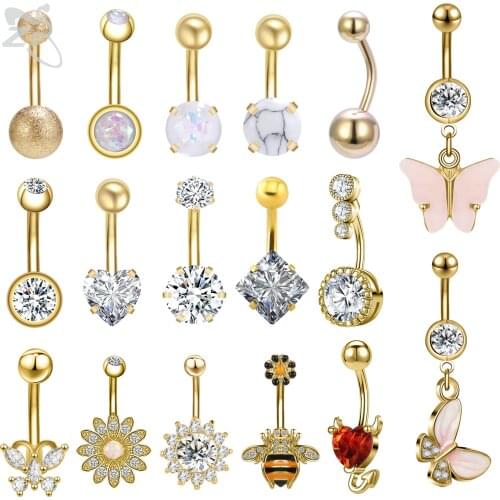 ZS 1 Piece Gold Color Stainless Steel Belly Ring Flower Heart CZ Crystal Navel Belly Button Rings Butterfly Navel Piercings 14G