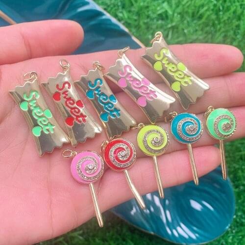 10PCS, Cute Candy Lollipops Crystal CZ Charms Pendants Enamel DIY Decoration Earrings Necklace Jewelry Making Accessories