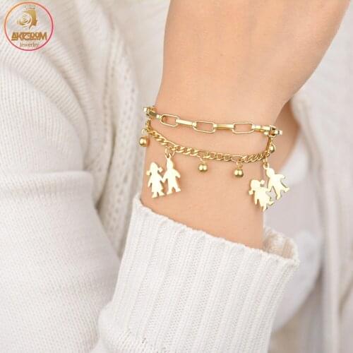 Akizoom Punk Bangles Stainless Steel Kids Hand Chain Freeshipping Double Layers Bracelets for Women Charm Party Jewelry Gift