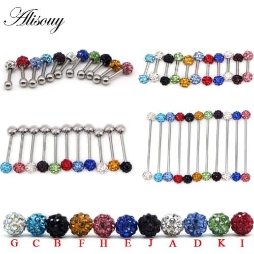 Alisouy 1PC Straight Industrial Barbells Bars Tongue Nipple Ear Cartilage Tragus Piercing Rings Crystal Ball ear Body Jewelry