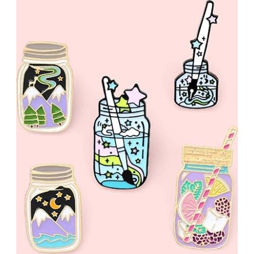 Drink Bottle Ink Bottle Cup Brooch Clothes Portfolio Lapel Enamel Pin Badges Cartoon Jewelry Accessories Gifts For Friends Women