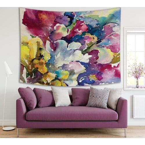 Tapestry Abstract Flowers Bouquet Modern Colorful Watercolor Artwork Yellow Purple Blue