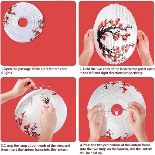 Red Cherry Flowers Paper Lantern White Round Chinese Japanese Paper Lamp for Home Wedding Party Decoration
