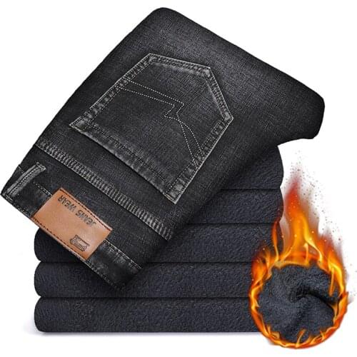 Anti-theft Zipper Design 2021 Winter New Mens Warm Jeans Classic Style Regular Fit Stretch Jean Trousers Denim Brand Pants Male