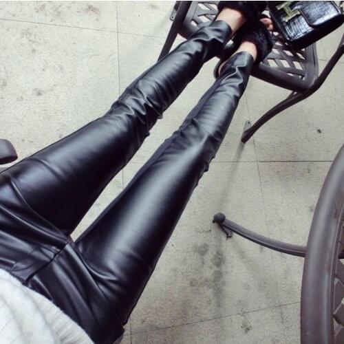 Autumn and winter new style Paris synchronization long-leg knit stitching pu leggings leather pants in stock