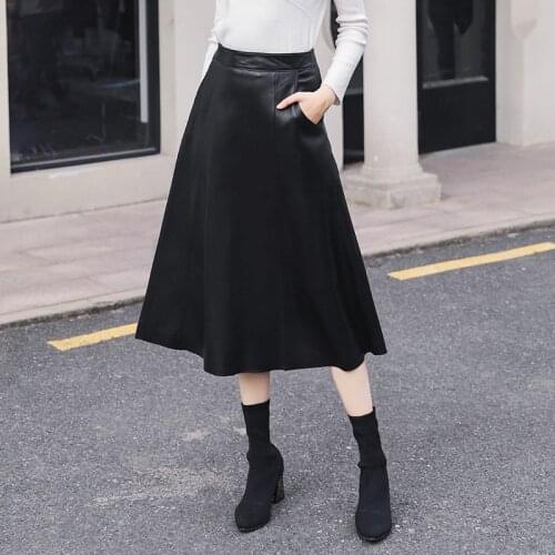 Autumn Winter Temperament Long Leather Skirt Real Sheepskin High Waist Umbrella Formal Skirt High Quality Black with Pockets