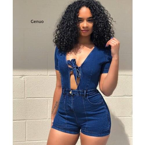Sexy Women Blue Bodysuit Short Sleeve One Piece Pants Denim Color Playsuits Cotton Rompers Women Bandage Short Jumpsuit Overalls