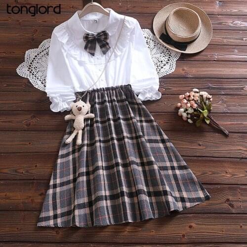 Women College style Midi Dresses Autumn Long Sleeve Bow Collar A-Line Dress With Bear Female Single-breaste Plaid Mujer Vestidos