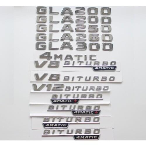 Flat Chrome Trunk Fender Letters Badge Badges Emblem Emblems Sticker for Mercedes Benz GLA200 GLA250 GLS300 V8 BITURBO 4MATIC