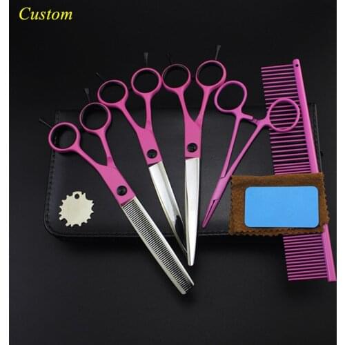Custom 5 kit professional japan 7 inch pink Pet dog grooming hair scissors cutting shears thinning barber hairdressing scissors