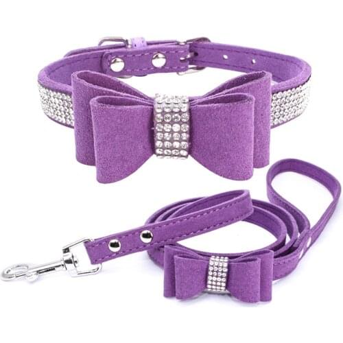 Adjustable Puppy Pet Dog Collar Leash Soft Shining Diamond Bowknot Dog Rope Small Medium Dogs Collars Walking Leashes